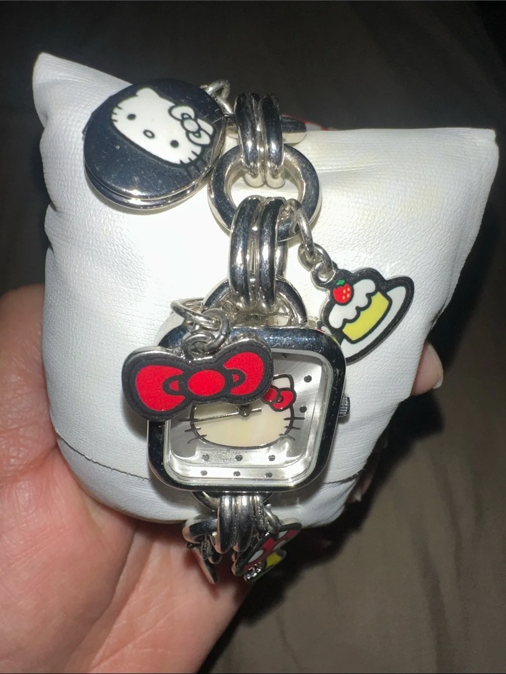 Hello Kitty Silver Charm Bracelet Watch with Red and Pink Accents